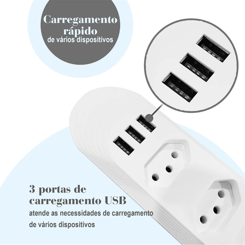 Régua de Tomadas Inteligente com 3 Portas USB - Extensão de 2 Metros